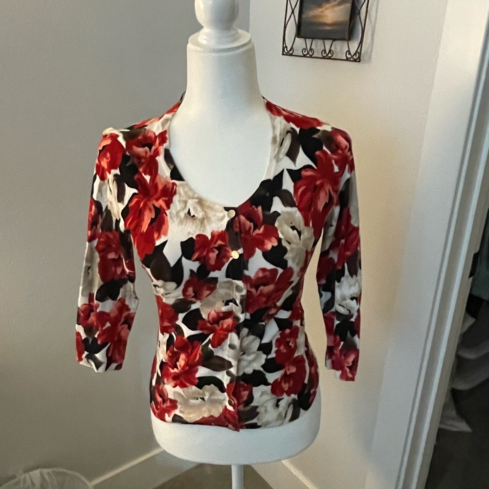White House Black Market Floral Blouse - Red, Black, and White